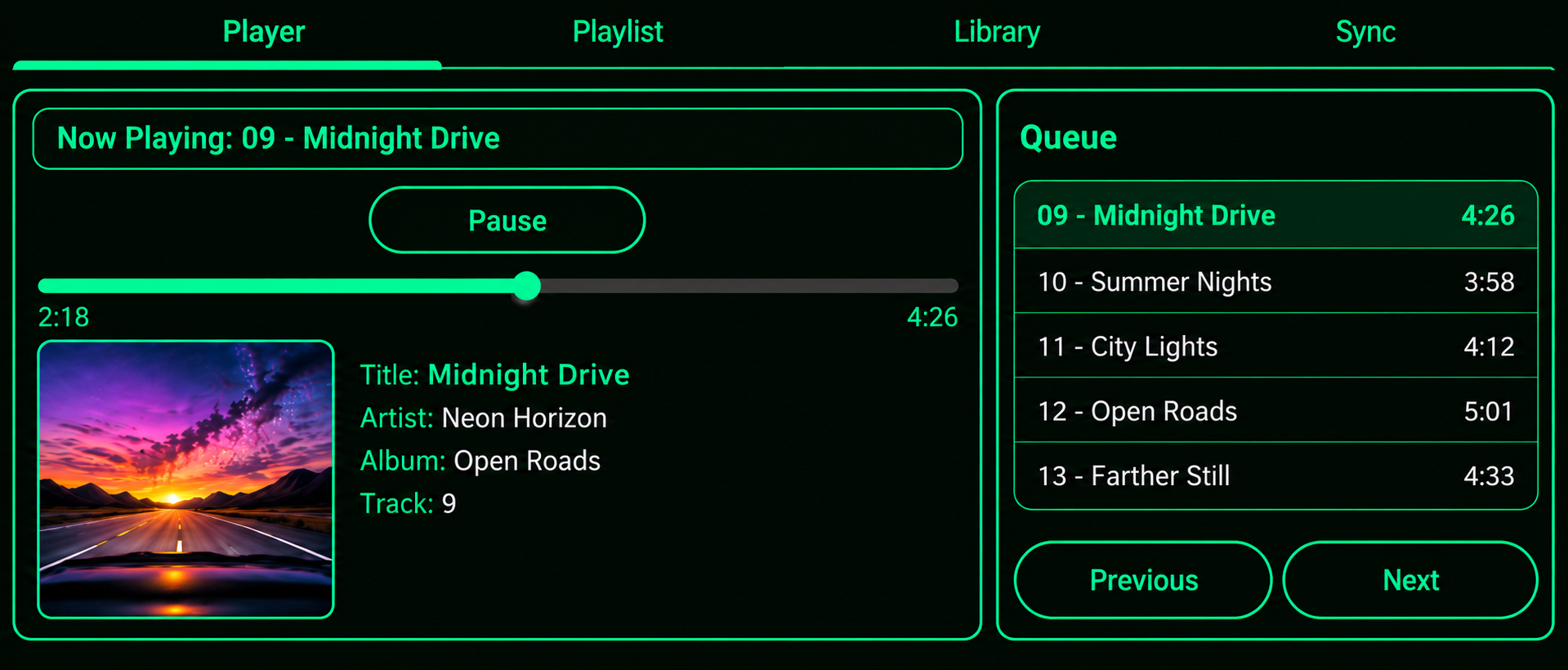 2Tier Music Android Companion promotional Player screen: Midnight Drive by fictional artist Neon Horizon, sunset-highway artwork, music metadata, a five-song queue, and Previous and Next buttons.