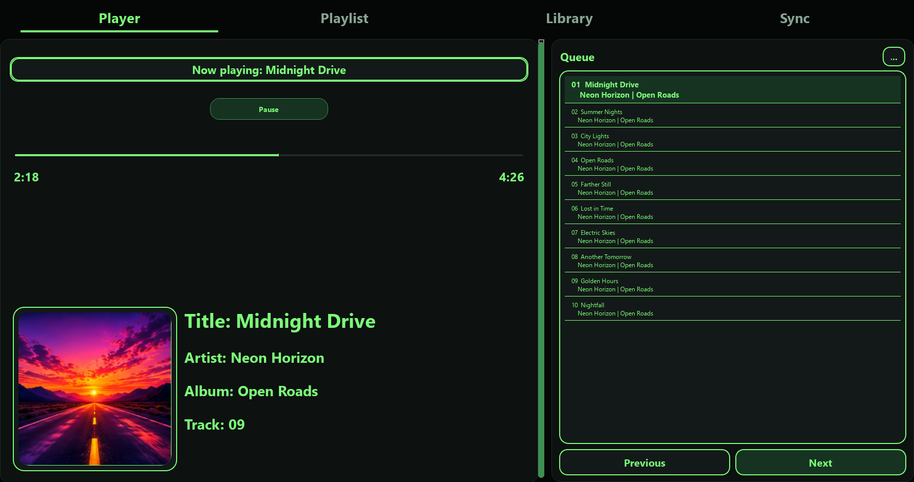 2Tier Music Desktop Player playing Midnight Drive by Neon Horizon, with Open Roads album artwork, playback controls and a populated queue.